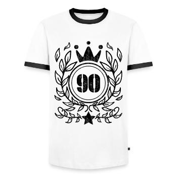 90 - Born year Year of birth 1990 - Men's Ringer Shirt - white/black - Front - AI Model Female 172 light (172cm) & AI Model Male 178 dark (178cm)