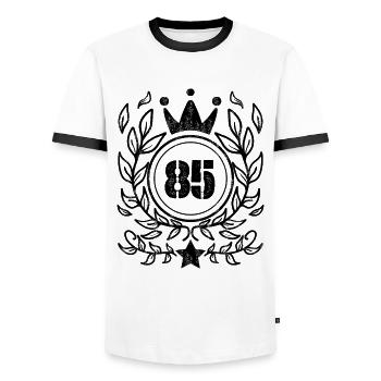 85 - Born year Year of birth 1985 - Men's Ringer Shirt - white/black - Front - AI Model Female 172 light (172cm) & AI Model Male 178 dark (178cm)