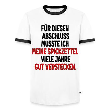 Abschlussgeschenke - SPICKEN SPICKZETTEL - Männer Kontrast-T-Shirt - Weiß/Schwarz - Vorne - AI Model Female 172 light (172cm) & AI Model Male 178 dark (178cm)