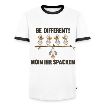 Be different sagt die Möwe Moin ihr spacken - Männer Kontrast-T-Shirt - Weiß/Schwarz - Vorne - AI Model Female 172 light (172cm) & AI Model Male 178 dark (178cm)