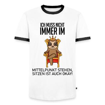 Lustiger Spruch König - im Mittelpunkt stehen - Männer Kontrast-T-Shirt - Weiß/Schwarz - Vorne - AI Model Female 172 light (172cm) & AI Model Male 178 dark (178cm)