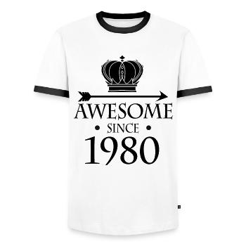 Born in 1980 - Fantastic since 1980 - Men's Ringer Shirt - white/black - Front - AI Model Female 172 light (172cm) & AI Model Male 178 dark (178cm)