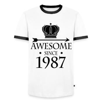 Né en 1987 - Fantastique depuis 1987 - T-shirt contrasté Homme - blanc/noir - Devant - AI Model Female 172 light (172cm) & AI Model Male 178 dark (178cm)