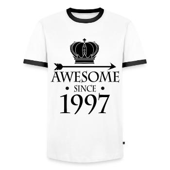 Born in 1997 - Fantastic since 1997 - Men's Ringer Shirt - white/black - Front - AI Model Female 172 light (172cm) & AI Model Male 178 dark (178cm)