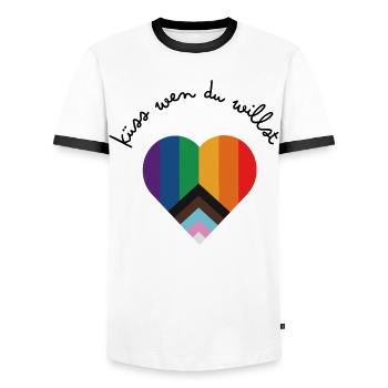 Regenbogen Herz Küss Wen Du Willst Pride - Männer Kontrast-T-Shirt - Weiß/Schwarz - Vorne - AI Model Female 172 light (172cm) & AI Model Male 178 dark (178cm)