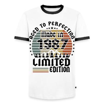 1987 Limited Edition - Men's Ringer Shirt - white/black - Front - AI Model Female 172 light (172cm) & AI Model Male 178 dark (178cm)