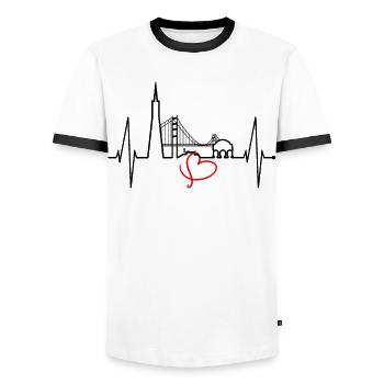 San Francisco Skyline Heartbeat California USA - Men's Ringer Shirt - white/black - Front - AI Model Female 172 light (172cm) & AI Model Male 178 dark (178cm)