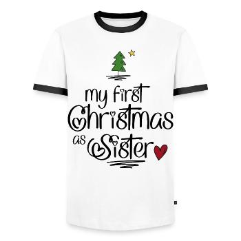 My first Christmas as Sister - Männer Kontrast-T-Shirt - Weiß/Schwarz - Vorne - AI Model Female 172 light (172cm) & AI Model Male 178 dark (178cm)