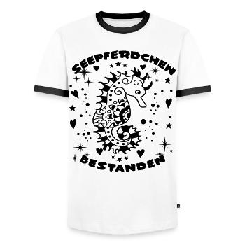 Seepferd Bestanden - Männer Kontrast-T-Shirt - Weiß/Schwarz - Vorne - AI Model Female 172 light (172cm) & AI Model Male 178 dark (178cm)