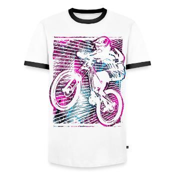MTB Magenta Mountainbike - Downhill Mountainbiker - Männer Kontrast-T-Shirt - Weiß/Schwarz - Vorne - AI Model Female 172 light (172cm) & AI Model Male 178 dark (178cm)