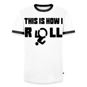 Voici comment je roule mon fauteuil roulant * - T-shirt contrasté Homme - blanc/noir - Devant - AI Model Female 172 light (172cm) & AI Model Male 178 dark (178cm)