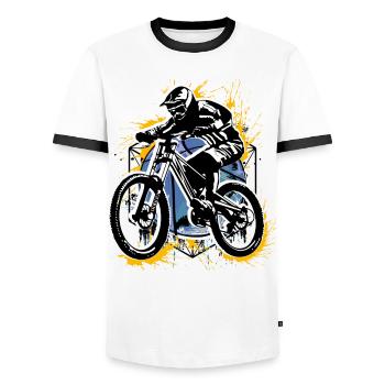 Mountain Bike MTB - Mountain Bike - Retro Cycling - Men's Ringer Shirt - white/black - Front - AI Model Female 172 light (172cm) & AI Model Male 178 dark (178cm)
