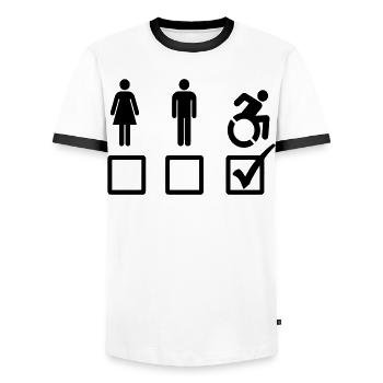 All wheelchair users are suitable* - Men's Ringer Shirt - white/black - Front - AI Model Female 172 light (172cm) & AI Model Male 178 dark (178cm)