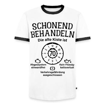 70. Geburtstag Alte Kiste 70 Schonend Behandeln - Männer Kontrast-T-Shirt - Weiß/Schwarz - Vorne - AI Model Female 172 light (172cm) & AI Model Male 178 dark (178cm)