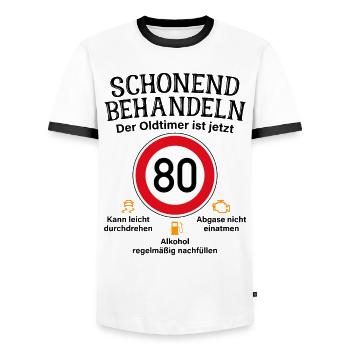 80. Geburtstag Schonend Behandeln Oldtimer Ist 80 - Männer Kontrast-T-Shirt - Weiß/Schwarz - Vorne - AI Model Female 172 light (172cm) & AI Model Male 178 dark (178cm)