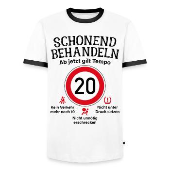 20. Geburtstag Schonend Behandeln 20 Tempolimit 20 - Männer Kontrast-T-Shirt - Weiß/Schwarz - Vorne - AI Model Female 172 light (172cm) & AI Model Male 178 dark (178cm)