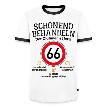 66. Geburtstag Schonend Behandeln Oldtimer Ist 66 - Männer Kontrast-T-Shirt - Weiß/Schwarz - Vorne - AI Model Female 172 light (172cm) & AI Model Male 178 dark (178cm)