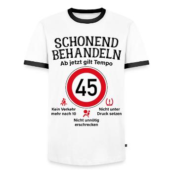 45. Geburtstag Schonend Behandeln 45 Tempolimit 45 - Männer Kontrast-T-Shirt - Weiß/Schwarz - Vorne - AI Model Female 172 light (172cm) & AI Model Male 178 dark (178cm)
