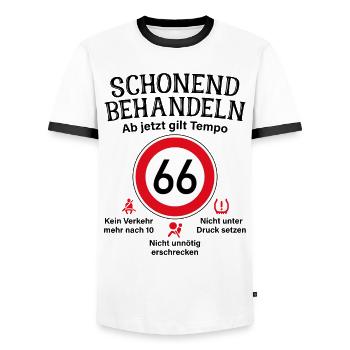 66. Geburtstag Schonend Behandeln 66 Tempolimit 66 - Männer Kontrast-T-Shirt - Weiß/Schwarz - Vorne - AI Model Female 172 light (172cm) & AI Model Male 178 dark (178cm)