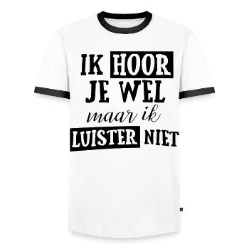 Ich höre dich, aber ich höre nicht zu! * - Männer Kontrast-T-Shirt - Weiß/Schwarz - Vorne - AI Model Female 172 light (172cm) & AI Model Male 178 dark (178cm)