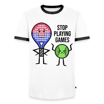 Padel Player Racket Statement Balls Padel Game - Men's Ringer Shirt - white/black - Front - AI Model Female 172 light (172cm) & AI Model Male 178 dark (178cm)