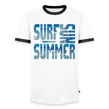 Summer Surf Blue Beach Sea Water Sun - Men's Ringer Shirt - white/black - Front - AI Model Female 172 light (172cm) & AI Model Male 178 dark (178cm)
