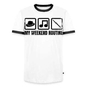 My weekend routine - Men's Ringer Shirt - white/black - Front - AI Model Female 172 light (172cm) & AI Model Male 178 dark (178cm)