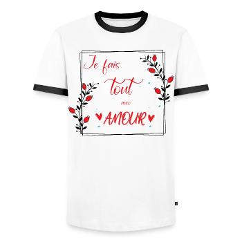 je fais tout avec amour - T-shirt contrasté Homme - blanc/noir - Devant - AI Model Female 172 light (172cm) & AI Model Male 178 dark (178cm)