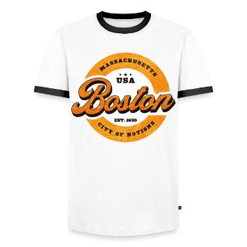 Boston Retro Circle Logo Print - Men's Ringer Shirt - white/black - Front - AI Model Female 172 light (172cm) & AI Model Male 178 dark (178cm)