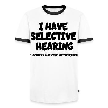 Ich habe ein selektives Gehör. Humor* - Männer Kontrast-T-Shirt - Weiß/Schwarz - Vorne - AI Model Female 172 light (172cm) & AI Model Male 178 dark (178cm)