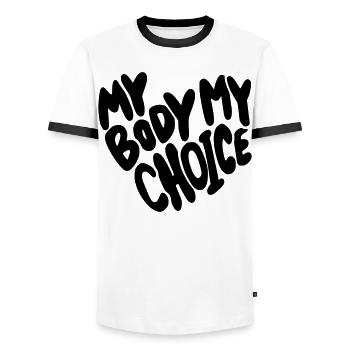 Mein Körper, meine Wahl. Mein Körper, meine Wahl * - Männer Kontrast-T-Shirt - Weiß/Schwarz - Vorne - AI Model Female 172 light (172cm) & AI Model Male 178 dark (178cm)