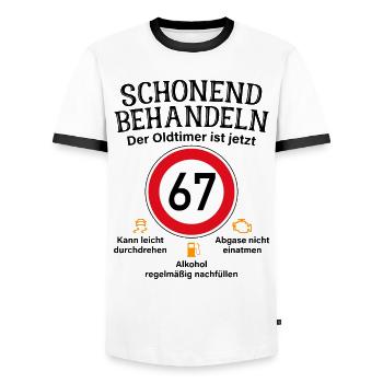 67. Geburtstag Schonend Behandeln Oldtimer Ist 67 - Männer Kontrast-T-Shirt - Weiß/Schwarz - Vorne - AI Model Female 172 light (172cm) & AI Model Male 178 dark (178cm)