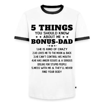 5 Things to Know About My Dad Bonus Humor - Men's Ringer Shirt - white/black - Front - AI Model Female 172 light (172cm) & AI Model Male 178 dark (178cm)
