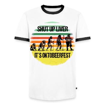Octobeerfest Evolution – Shut Up Liver - Men's Ringer Shirt - white/black - Front - AI Model Female 172 light (172cm) & AI Model Male 178 dark (178cm)