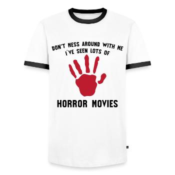 Movies Statement Cineast Movie Watch Movie Night - Men's Ringer Shirt - white/black - Front - AI Model Female 172 light (172cm) & AI Model Male 178 dark (178cm)
