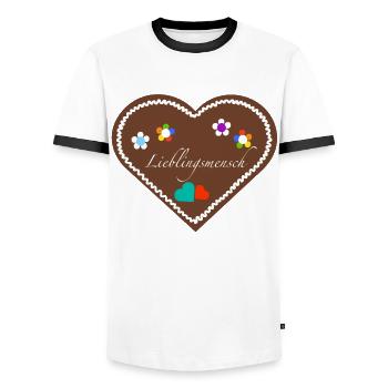 "Jahrmarkt-Liebe" - Lieblingsmensch div. - Männer Kontrast-T-Shirt - Weiß/Schwarz - Vorne - AI Model Female 172 light (172cm) & AI Model Male 178 dark (178cm)