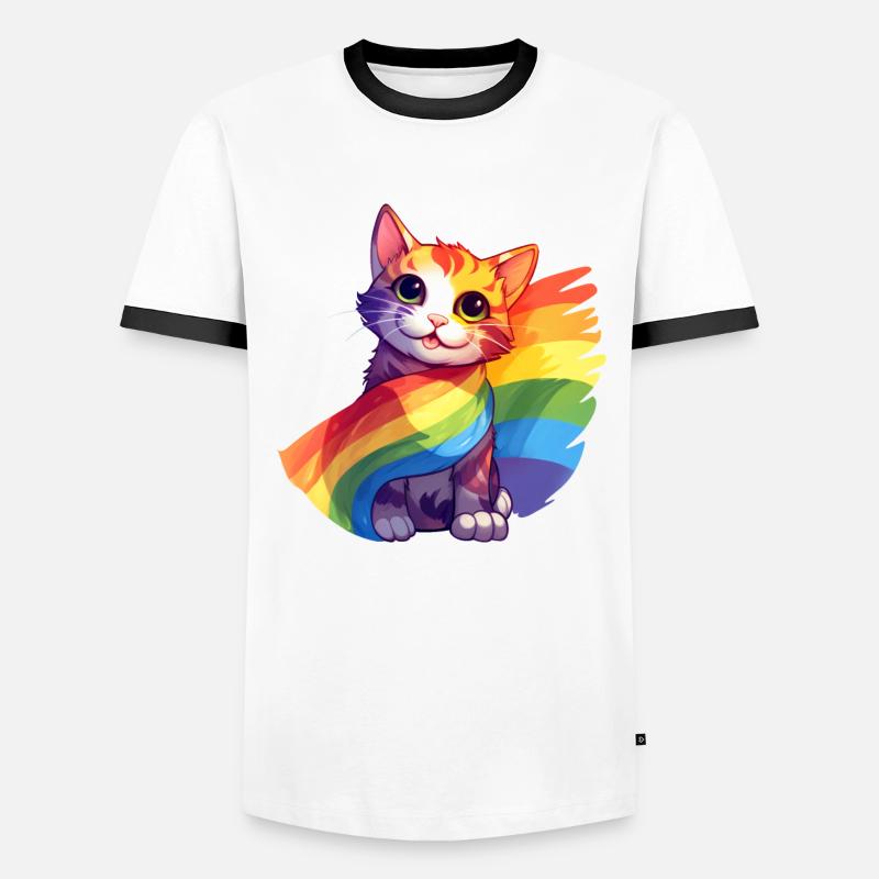 Pride Cat – Bunte Regenbogen-Katze mit Flagge - Männer Kontrast-T-Shirt - Weiß/Schwarz