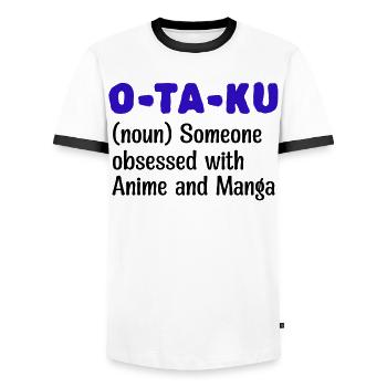 Japanese Comic Statement Manga Anime Otaku - Men's Ringer Shirt - white/black - Front - AI Model Female 172 light (172cm) & AI Model Male 178 dark (178cm)