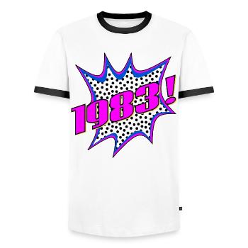 POPART GEBURTSJAHR 1983 - Männer Kontrast-T-Shirt - Weiß/Schwarz - Vorne - AI Model Female 172 light (172cm) & AI Model Male 178 dark (178cm)