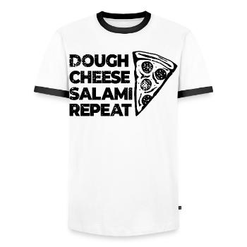 Dough Cheese Salami Repeat - Men's Ringer Shirt - white/black - Front - AI Model Female 172 light (172cm) & AI Model Male 178 dark (178cm)