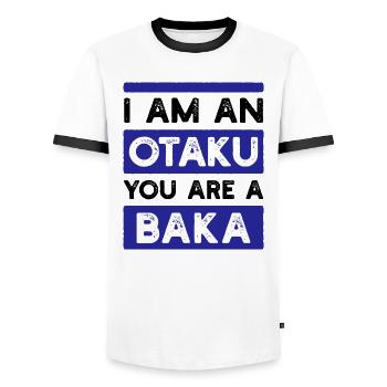 Anime Statement Japan Cartoon Manga Comic - Men's Ringer Shirt - white/black - Front - AI Model Female 172 light (172cm) & AI Model Male 178 dark (178cm)