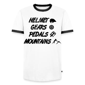 Helmet Gears Pedals Mountains - Men's Ringer Shirt - white/black - Front - AI Model Female 172 light (172cm) & AI Model Male 178 dark (178cm)
