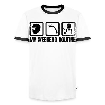 Ma routine du week-end - T-shirt contrasté Homme - blanc/noir - Devant - AI Model Female 172 light (172cm) & AI Model Male 178 dark (178cm)