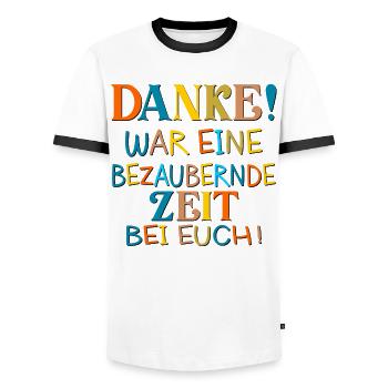 DANKESCHÖN BESUCH - Männer Kontrast-T-Shirt - Weiß/Schwarz - Vorne - AI Model Female 172 light (172cm) & AI Model Male 178 dark (178cm)