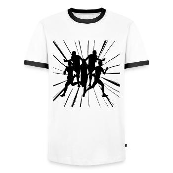 Schnelle Läufer an der Ziellinie im Wettkampf - Männer Kontrast-T-Shirt - Weiß/Schwarz - Vorne - AI Model Female 172 light (172cm) & AI Model Male 178 dark (178cm)