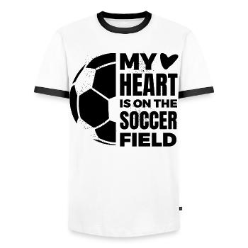 Mon cœur est sur le terrain de football - T-shirt contrasté Homme - blanc/noir - Devant - AI Model Female 172 light (172cm) & AI Model Male 178 dark (178cm)