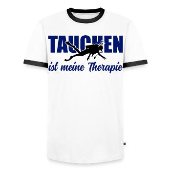 Tauchen ist meine Therapie – Taucher-Spruch - Männer Kontrast-T-Shirt - Weiß/Schwarz - Vorne - AI Model Female 172 light (172cm) & AI Model Male 178 dark (178cm)