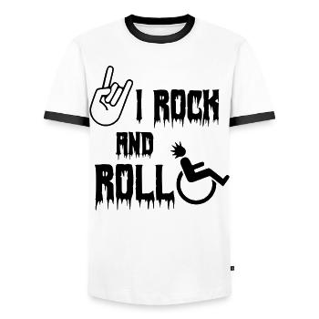 Je me balance et me roule dans mon fauteuil roulant. Roller, musique * - T-shirt contrasté Homme - blanc/noir - Devant - AI Model Female 172 light (172cm) & AI Model Male 178 dark (178cm)