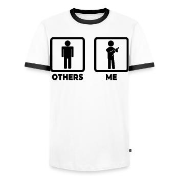 Funny Ukulele Player - Men's Ringer Shirt - white/black - Front - AI Model Female 172 light (172cm) & AI Model Male 178 dark (178cm)