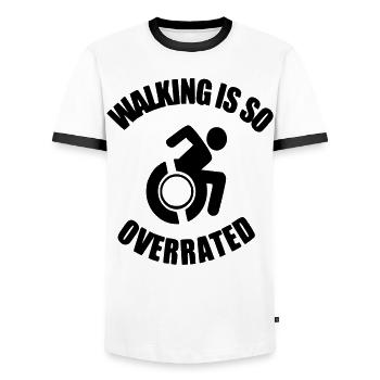 Zu Fuß zu gehen wird sehr überbewertet. Humor im Rollstuhl * - Männer Kontrast-T-Shirt - Weiß/Schwarz - Vorne - AI Model Female 172 light (172cm) & AI Model Male 178 dark (178cm)